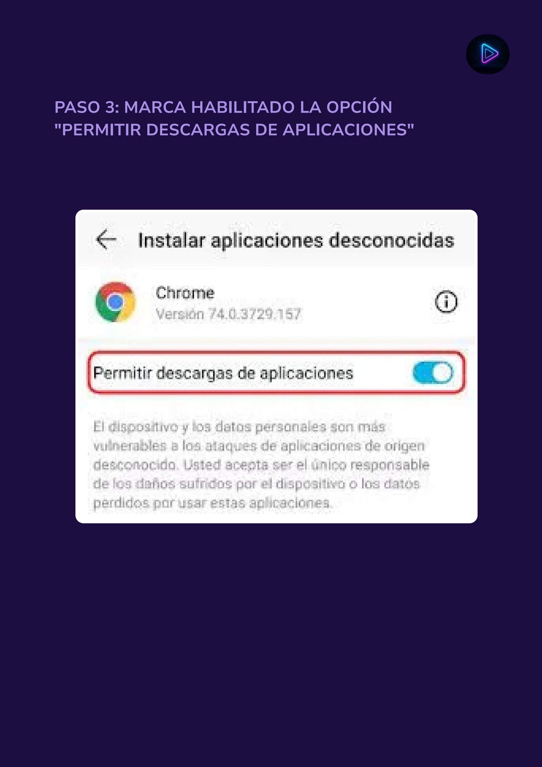 Activa el interruptor azul para permitir la instalación